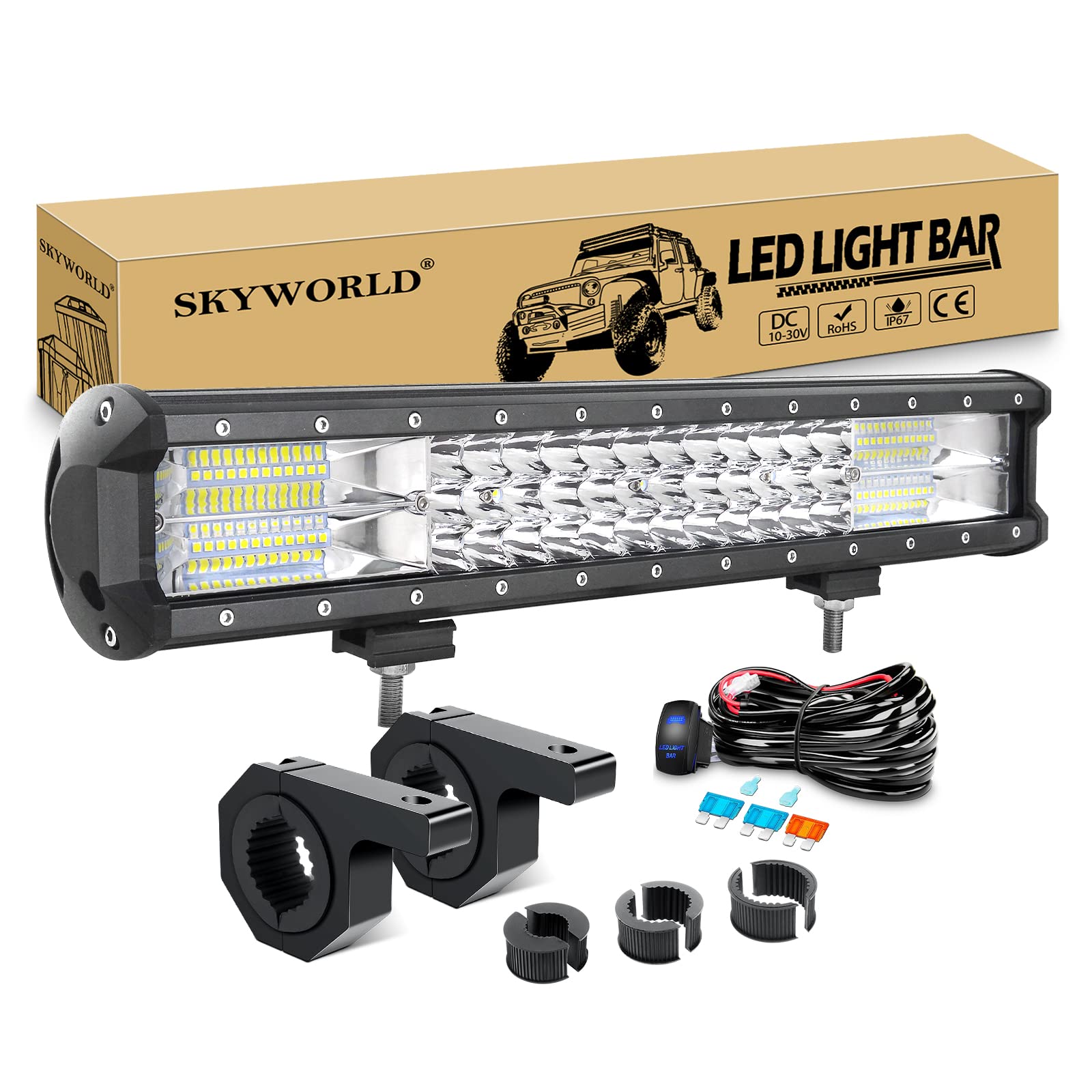 SKYWORLD 46cm 252W LED Arbeitsscheinwerfer Bar Off-Road Zusazuscheinwefer 12V 24V, Bull Bar Arbeitsleuchten Halterung 23/35/50MM + Rocker Kabelbaum Kit für 4x4 4WD Traktor LKW ATV UTV Auto von SKYWORLD