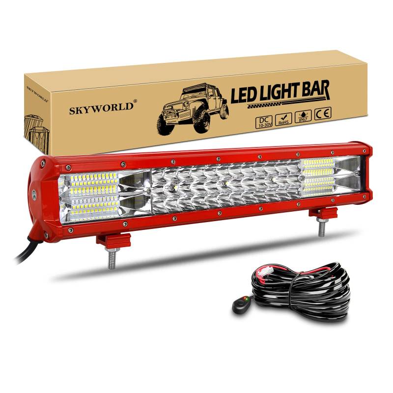 SKYWORLD 46cm 252W LED Arbeitsscheinwerfer Bar Rot LED Scheinwerfer 12V 24V 6000K Flutlicht Reflektor Combo Arbeitslicht Zusatzscheinwerfer mit Kabelbaum für Auto Offroad Traktor SUV UTV ATV von SKYWORLD