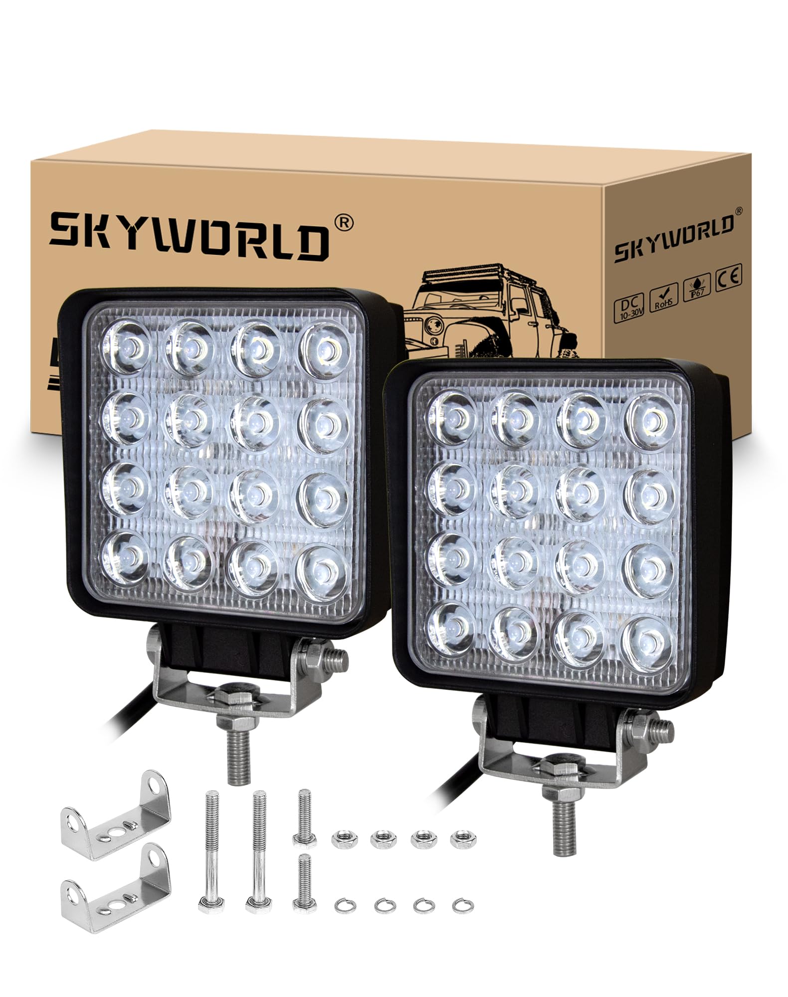 SKYWORLD 48W LED Arbeitsscheinwerfer 2 Stück,Wasserdicht IP67 Offroad Flutlicht, Rückfahrscheinwerfer Arbeitsscheinwerfer Traktor für Bagger, Schlepper, Gabelstapler, ATV, LKW, Offroad 4x4 von SKYWORLD