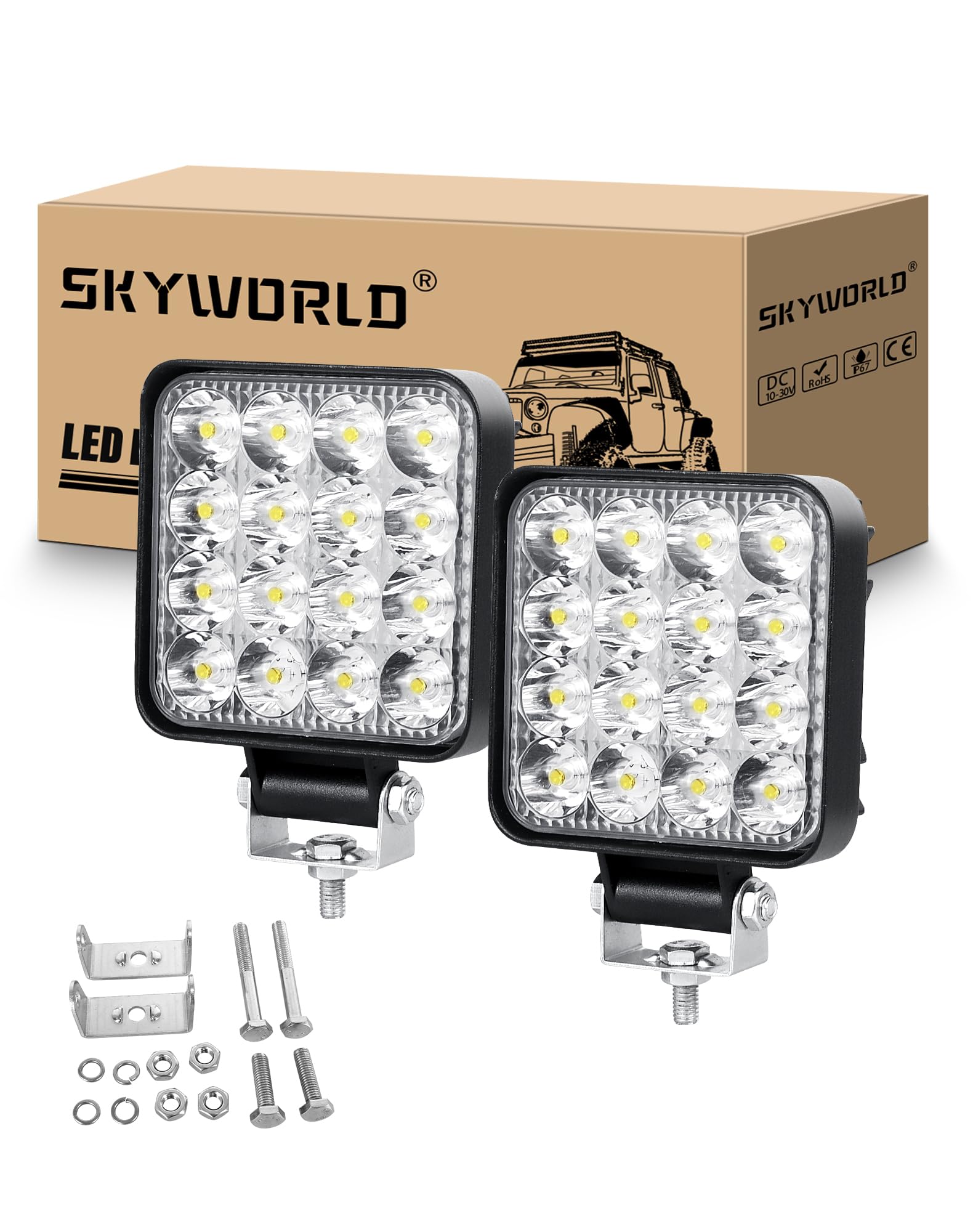 SKYWORLD 48W LED Nebelscheinwerfer 2 Stück,6000K Weiß draußen Scheinwerfer Spotlight Wasserdicht IP67 LED Offroad Zusatzscheinwerfer für Bagger Traktoren Schlepper Gabelstapler ATV LKW Offroad 4x4 von SKYWORLD