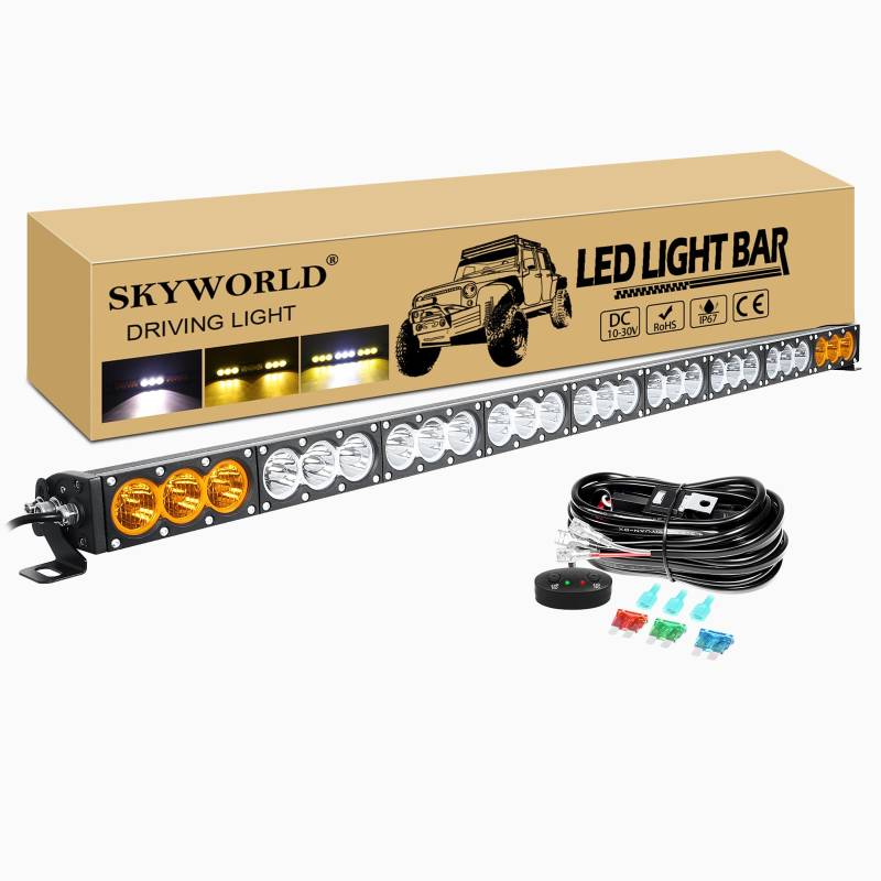 SKYWORLD 49" 123cm 270W Led Arbeitsscheinwerfer Bar mit 12V Kabelbaum kit, Weiß Amber Led Arbeit Licht Bar Offroad Zusatzscheinwerfer für Auto ATV LKW KFZ Traktor Fahrzeuge 4x4 lightbar von SKYWORLD