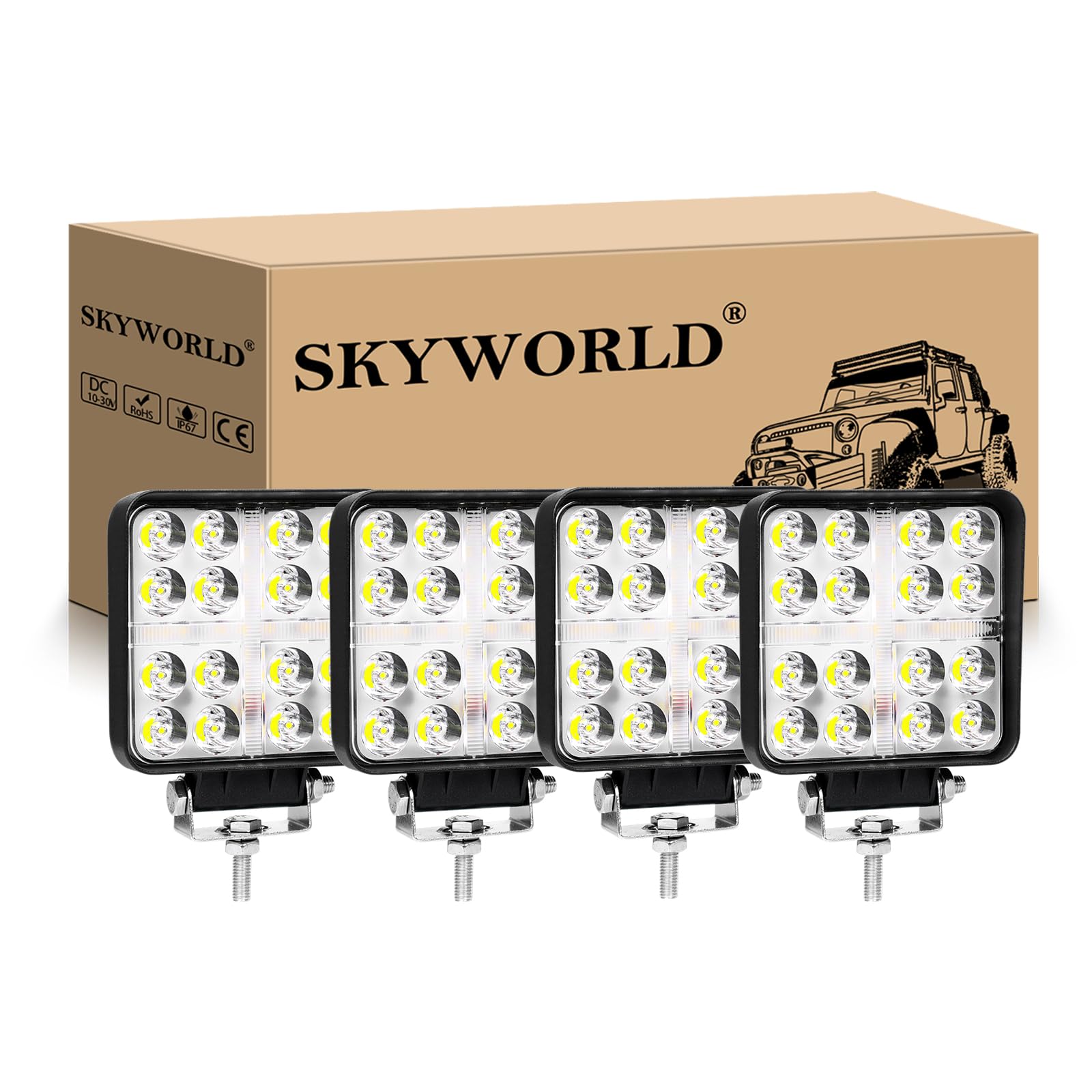 SKYWORLD 4Pcs Auto Quad Scheinwerfer, 4 Zoll 10cm 48W LED Arbeitsscheinwerfer 12V 24V Weißer Bernstein Spot Strahler Offroad Beleuchtung für SUV ATV Traktor KFZ LKW 4x4, Led Nebelscheinwerfer von SKYWORLD