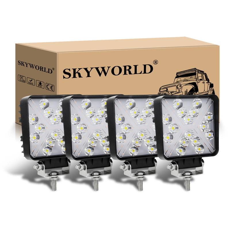 SKYWORLD 4Pcs LED Arbeitsscheinwerfer, 4 Zoll 10cm 48W Quadrat LED Zusatzscheinwerfer 12V 24V Weißer Bernstein Spotlight Offroad Scheinwerfer für SUV ATV Traktor KFZ LKW 4x4, Led Arbeitslicht von SKYWORLD