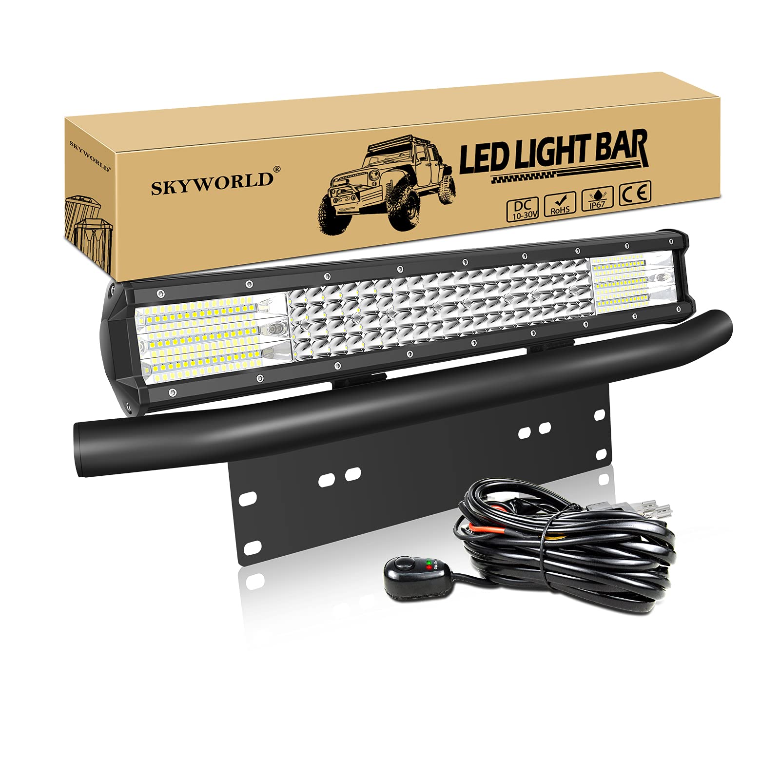 SKYWORLD 50,8 cm 20 Zoll 510W LED Lichtleiste Spot Flutlicht Fahren Nebelscheinwerfer Arbeitslicht Autoscheinwerfer Offroad mit Kennzeichenhalterung mit Kabelbaum für UTV ATV SUV LKW Traktor von SKYWORLD