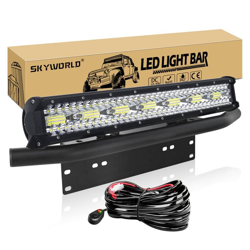 SKYWORLD 420W LED Arbeitsscheinwerfer 1 Stück,Spot Flutlicht LED Arbeit Licht Bar mit Kennzeichenhalterung und Nebelscheinwerfer Kabelsatz für Bagger, Schlepper, Gabelstapler, ATV, LKW, Offroad 4x4 von SKYWORLD