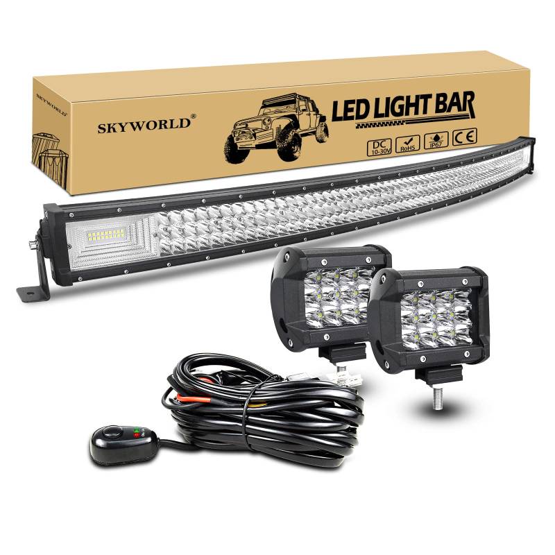 SKYWORLD 50 Zoll LED Arbeitsscheinwerfer Bar Gebogen Off-Road Zusazuscheinwefer 12V 24V, 2 X 4 Zoll Spot Led Scheinwerfer Arbeitslichtleiste + Kabelbaum Kit für 4x4 4WD Traktor LKW ATV UTV Fahrzeuge von SKYWORLD