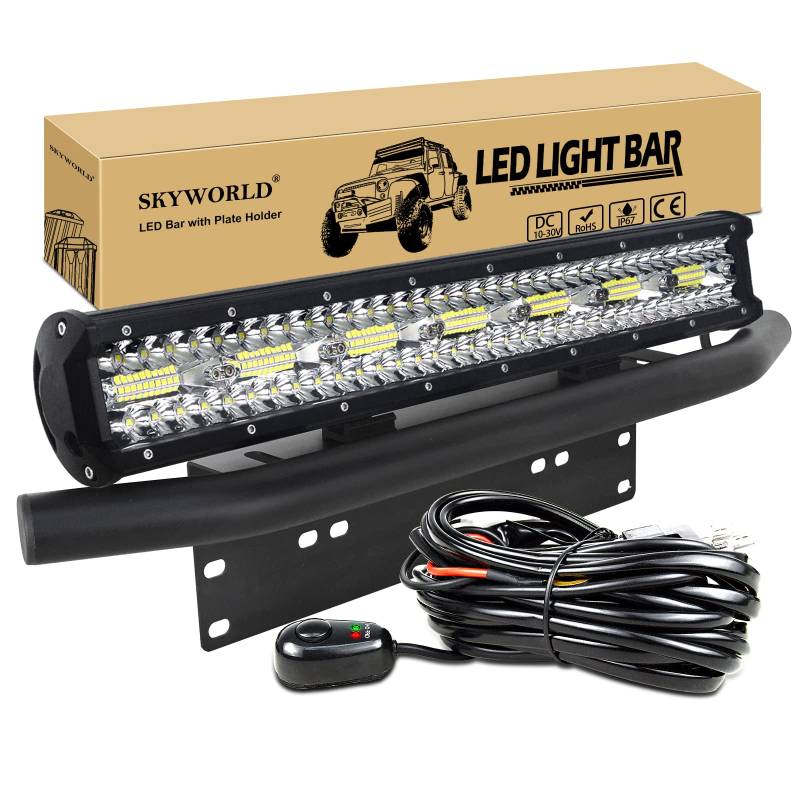 SKYWORLD 50.8 cm 420W LED Arbeitsscheinwerfer Bar 12V 24V Spot-Flood-Kombistrahl Zusatzscheinwerfer LED-Lichtleiste mit schwarzer Kennzeichenhalterung Kabelbaum-Kit für LKW PKW ATV SUV 4x4 LKW Coche von SKYWORLD