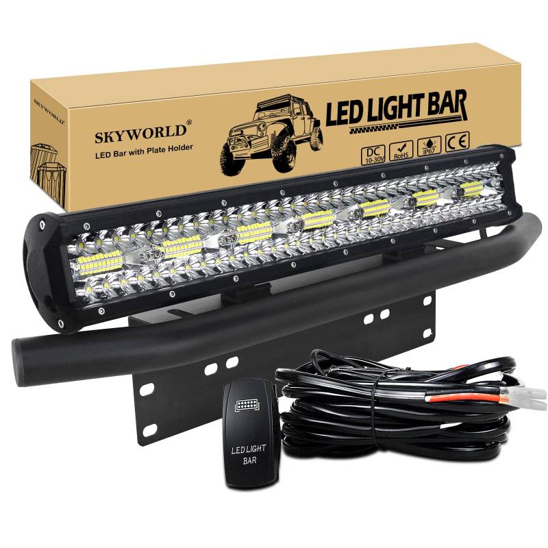 SKYWORLD 50.8 cm 420W LED Arbeitsscheinwerfer Bar 12V 24V Spot-Flood-Kombistrahl Zusatzscheinwerfer mit schwarzer Kennzeichenhalterung Rocker Switch Kabelbaum-Kit für LKW PKW ATV SUV 4x4 LKW Coche von SKYWORLD