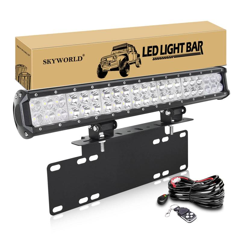 SKYWORLD 50.8cm Arbeitsscheinwerfer 126W LED-Lichtleiste, Zusatzscheinwerfer Offroad Scheinwerfer, kennzeichenhalter nummernschildhalter mit 12V Blitz kabelbaum kit für Auto SUV LKW PKW 4x4 von SKYWORLD