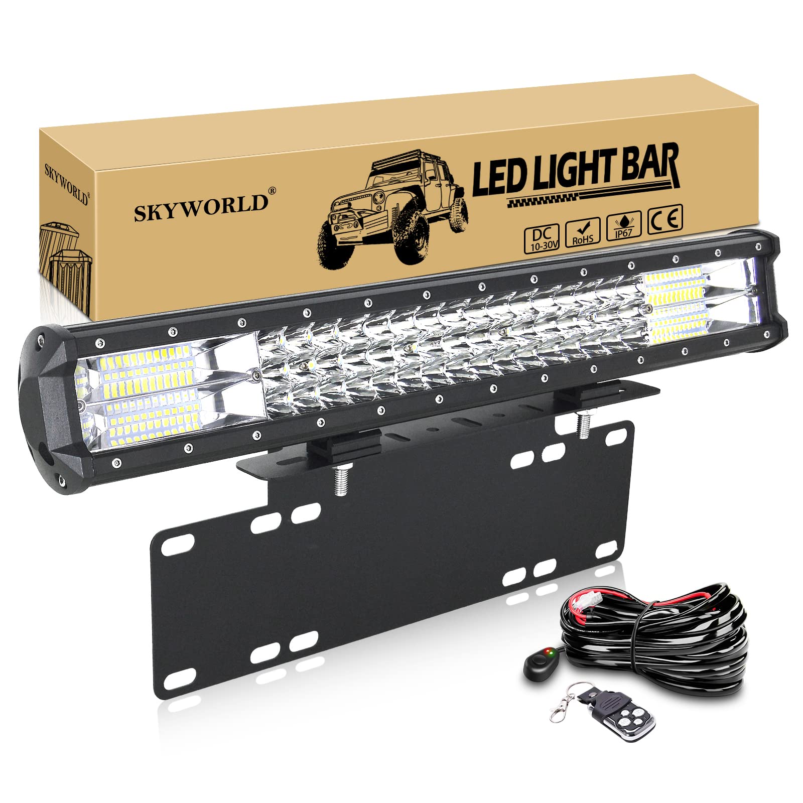 SKYWORLD 50.8cm Arbeitsscheinwerfer 288W LED-Lichtleiste, Zusatzscheinwerfer Offroad Scheinwerfer, kennzeichenhalter nummernschildhalter mit 12V Blitz kabelbaum kit für Auto SUV LKW PKW 4x4 von SKYWORLD