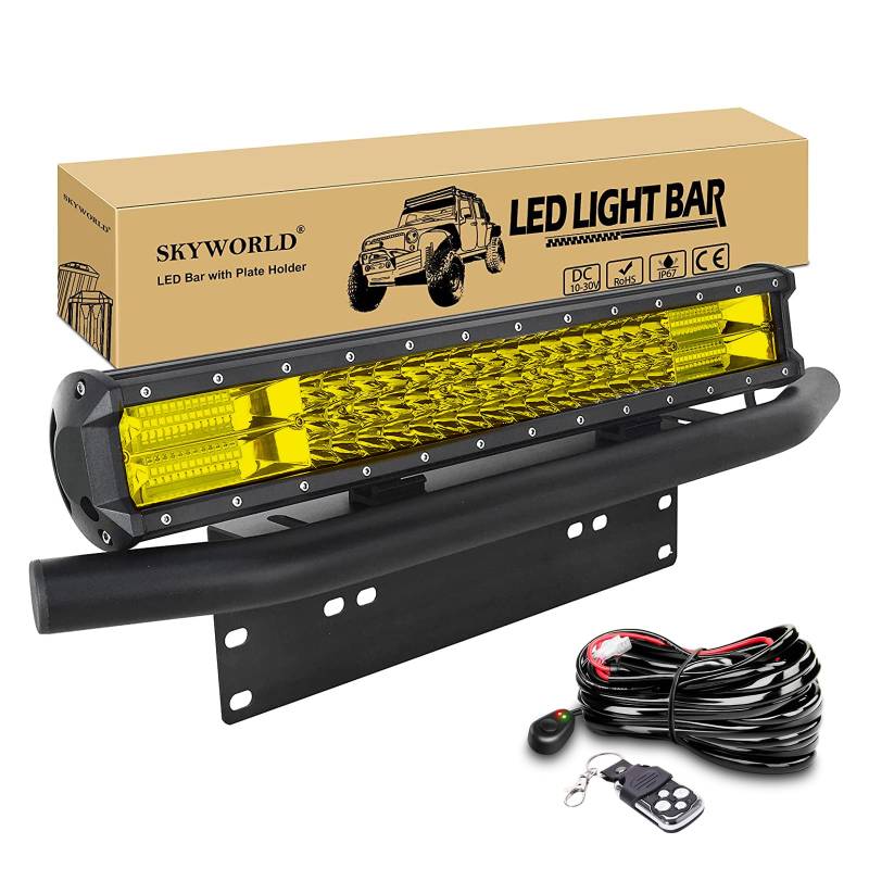 SKYWORLD 51 cm 288W LED Arbeitsscheinwerfer Bar 12V 24V 3000K Gelb Spot-Flood-Kombistrahl Lichtleiste mit Aluminium Kennzeichenhalterung und Blitz Kabelbaum kit für 4x4 Auto LKW PKW ATV SUV Coche von SKYWORLD