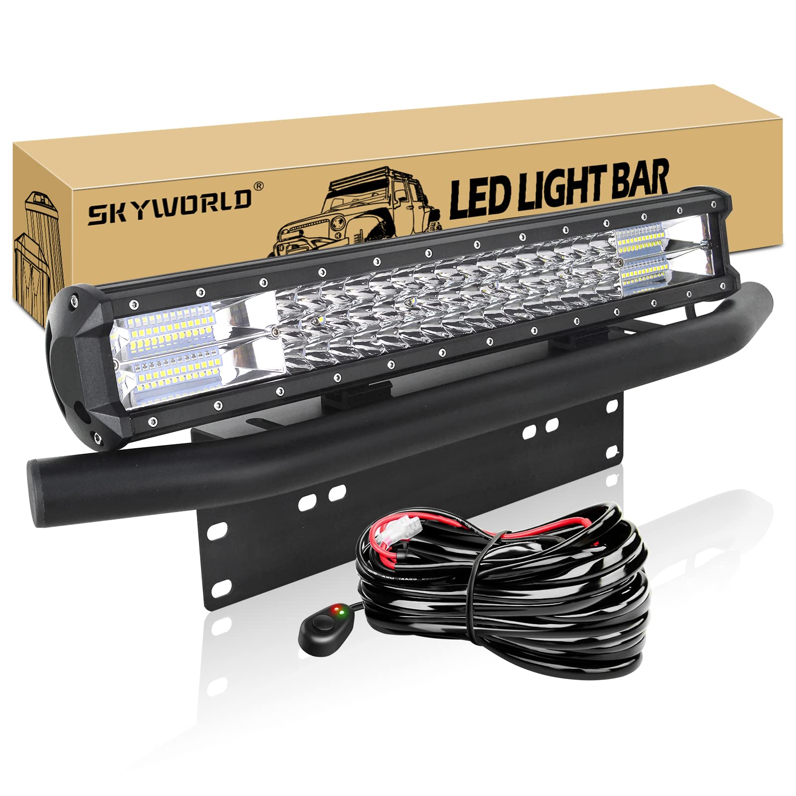 SKYWORLD 288W LED Arbeitsscheinwerfer 1 Stück,Spot Flutlicht LED Arbeit Licht Bar mit Kennzeichenhalterung und Nebelscheinwerfer Kabelsatz für Bagger, Schlepper, Gabelstapler, ATV, LKW, Offroad 4x4 von SKYWORLD