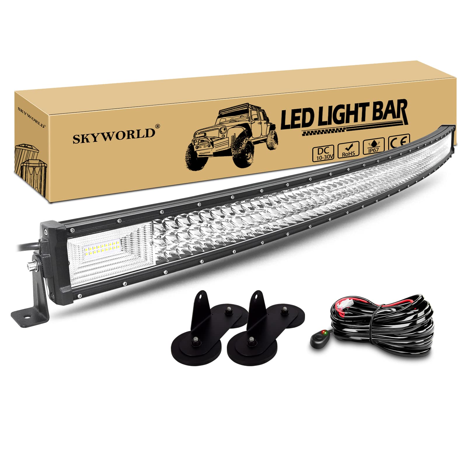 SKYWORLD 52 Zoll 675W Gebogene Triple Row 7D LED-Arbeitslicht-Bar-Spot-Flut-Kombinationsbalken, magnetische Basis-Halterung mit Kabelbaum-Kit-LKW Offroad-Fahrlampe SUV-Ute 4x4 4WD atvs utvs von SKYWORLD