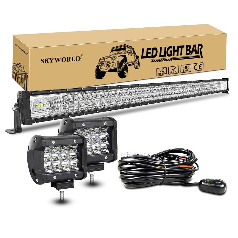 SKYWORLD 52 Zoll LED Arbeitsscheinwerfer Bar 675W Off-Road Zusazuscheinwefer 12V 24V, 2 X 4 Zoll 36W Spot Led Scheinwerfer Arbeitslichtleiste + Kabelbaum Kit für Traktor LKW ATV UTV Fahrzeuge von SKYWORLD