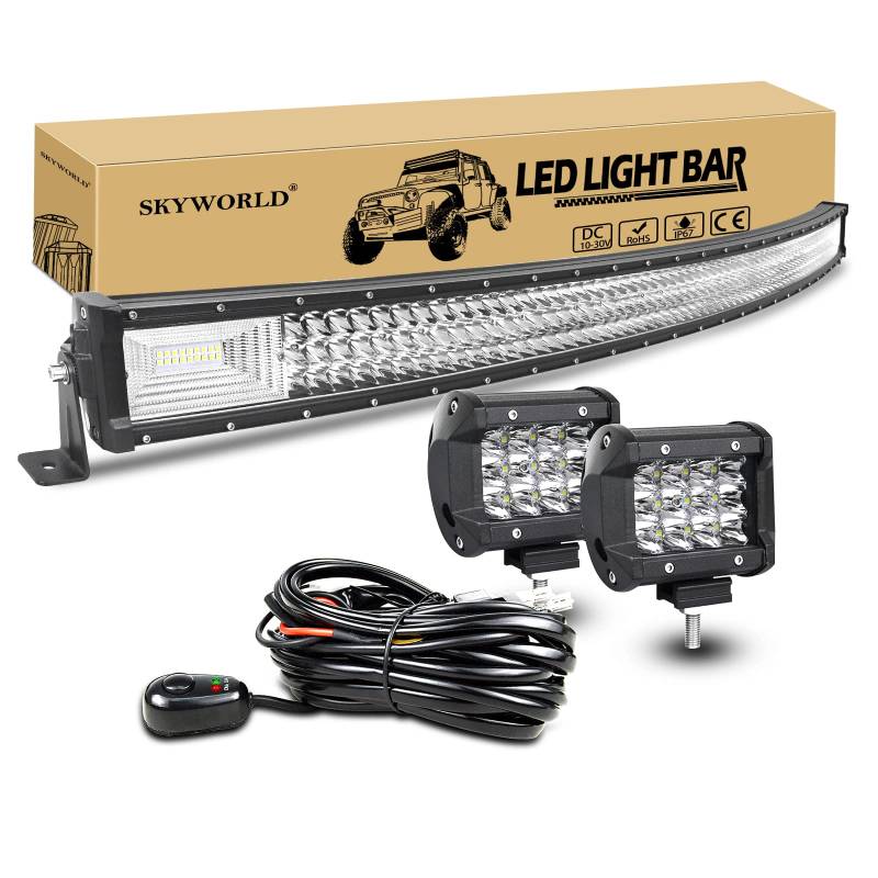 SKYWORLD 52 Zoll LED Arbeitsscheinwerfer Bar Gebogen Off-Road Zusazuscheinwefer 12V 24V, 2 X 4 Zoll Spot Led Scheinwerfer Arbeitslichtleiste + Kabelbaum Kit für 4x4 4WD Traktor LKW ATV UTV Fahrzeuge von SKYWORLD