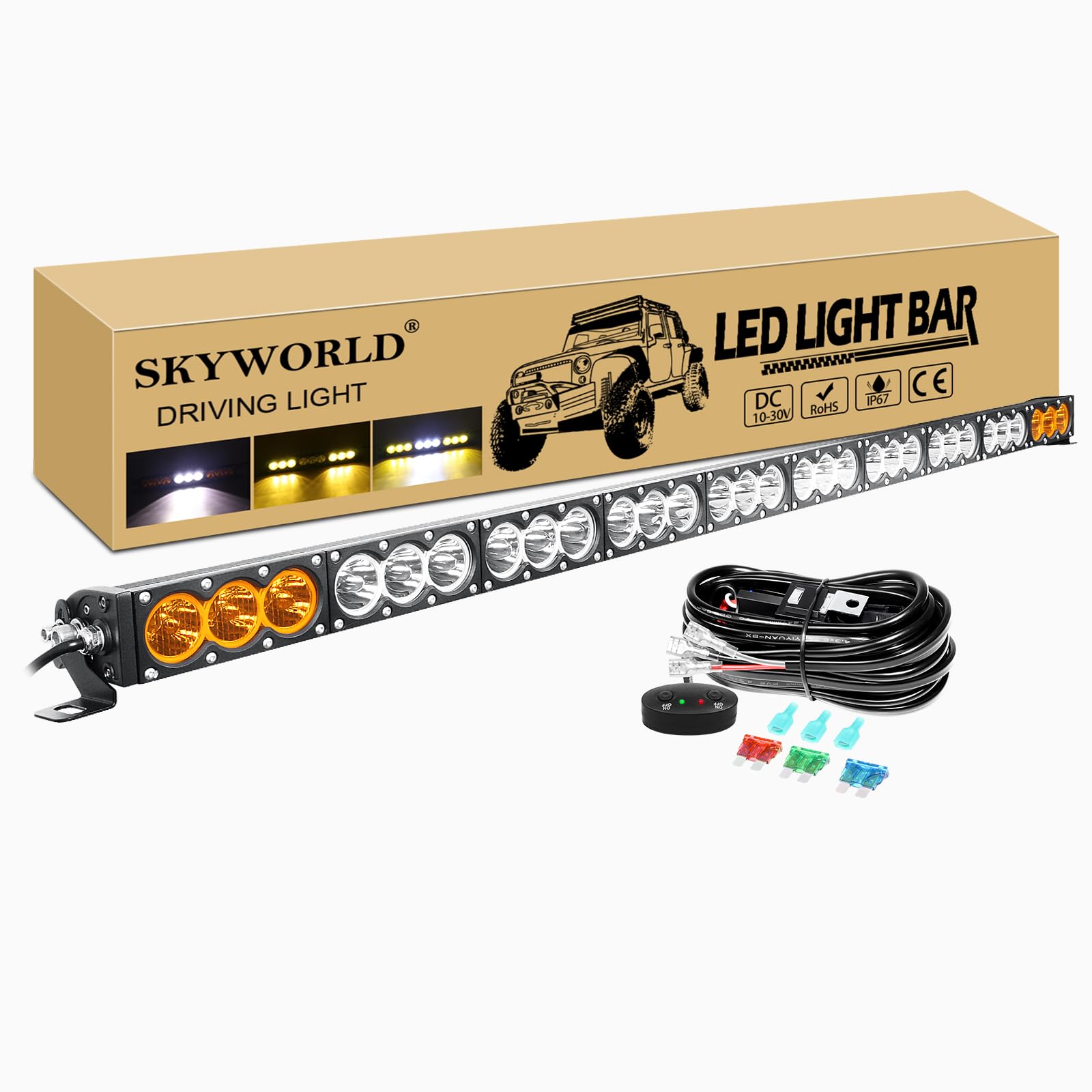 SKYWORLD 54" 137cm 300W Led Arbeitsscheinwerfer Bar mit 12V Kabelbaum kit, Weiß Amber Led Arbeit Licht Bar Offroad Zusatzscheinwerfer für Auto ATV LKW KFZ Traktor Fahrzeuge 4x4 lightbar von SKYWORLD