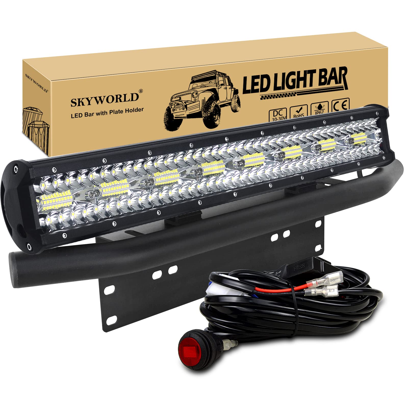 SKYWORLD 59 cm 480W LED Arbeitsscheinwerfer Bar 12V 24V Spot-Flood-Kombistrahl Zusatzscheinwerfer mit schwarzer Kennzeichenhalterung Toggle Switch Kabelbaum-Kit für LKW PKW ATV SUV 4x4 LKW Coche von SKYWORLD