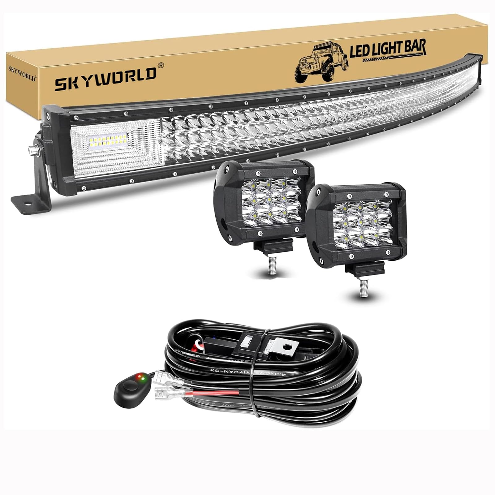 SKYWORLD 675W LED Nebelscheinwerfer 1 Stück Und 36W Scheinwerfer Spotlight 2 Stück,Spot Offroad Scheinwerfer Mit Kabelbaum Kabelsatz Relais Adapter für Geländewagen ATV AWD SUV 4x4 Pickup von SKYWORLD