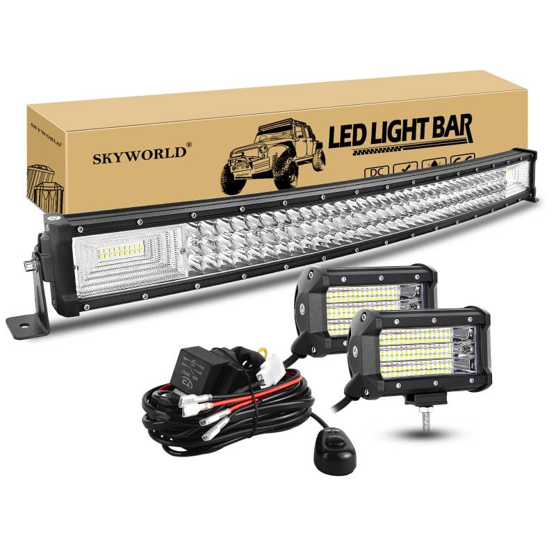 SKYWORLD 81cm 405W Gebogen LED Arbeitsscheinwerfer Bar Led Lichtleiste, 2 x 13cm 135W Auto Flutlicht Zusatzscheinwerfer Offroad Beleuchtung mit 12V kabelbaum kit für Auto LKW KFZ Traktor 4x4 von SKYWORLD