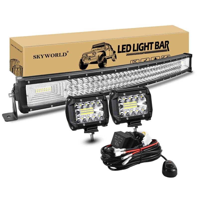 SKYWORLD 81cm 405W LED Arbeitsscheinwerfer Bar Gebogen Led Lichtleiste Offroad beleuchtung, 2x 10cm 60W Led Zusatzscheinwerfe mit 12V kabelbaum kit für Auto SUV ATV UTV LKW 4x4 Nebelscheinwerfer von SKYWORLD