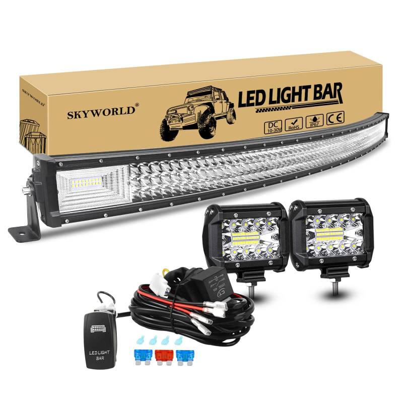 Gebogen LED Arbeitsscheinwerfer Bar, SKYWORLD 132cm 675W Led Lichtleiste Offroad Beleuchtung, 2 X 10cm 60W Zusatzscheinwerfer LED Strahler mit 12V kabelbaum Kit Auto SUV LKW 4x4 Rückfahrscheinwerfer von SKYWORLD