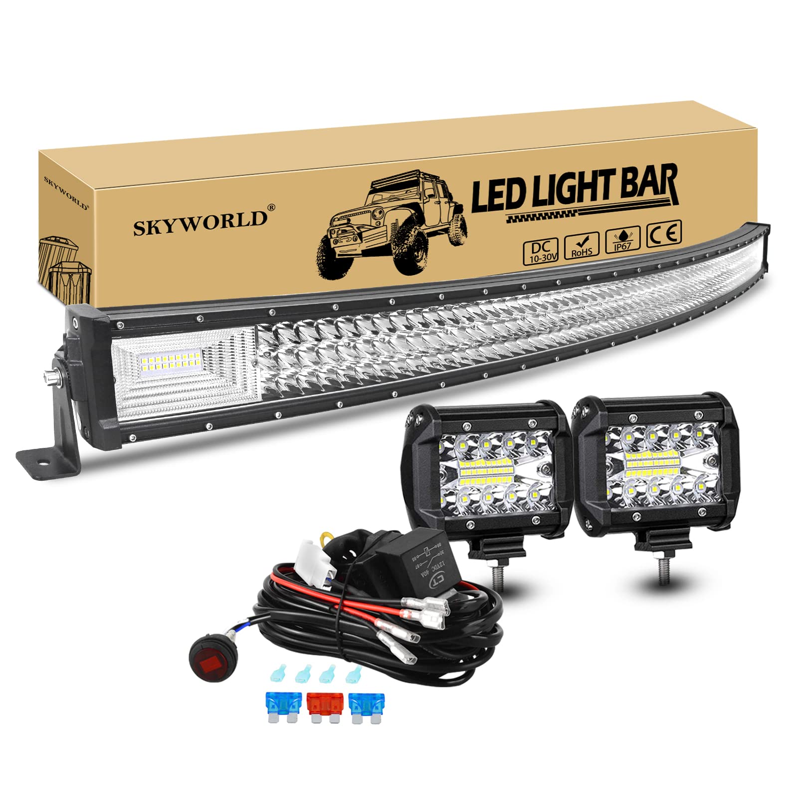 SKYWORLD Gebogen LED Arbeitsscheinwerfer Bar, 52 Zoll 675W LED Scheinwerfer Arbeitslicht mit 12V Kabelbaum Kit, 2Pcs 4 Zoll 60W Zusatzscheinwerfer Offroad Beleuchtung Auto Traktor LKW 4x4 SUV von SKYWORLD