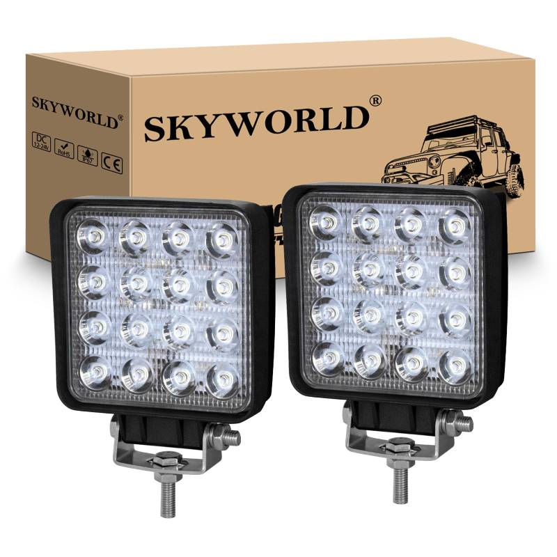 LED Arbeitsscheinwerfer, 2 Stück 48W Quadrat LED Offroad Zusatzscheinwerfer 12V 24V Scheinwerfer IP67 Wasserdicht Rückfahrscheinwerfer für Trecker KFZ Bagger SUV UTV ATV von SKYWORLD