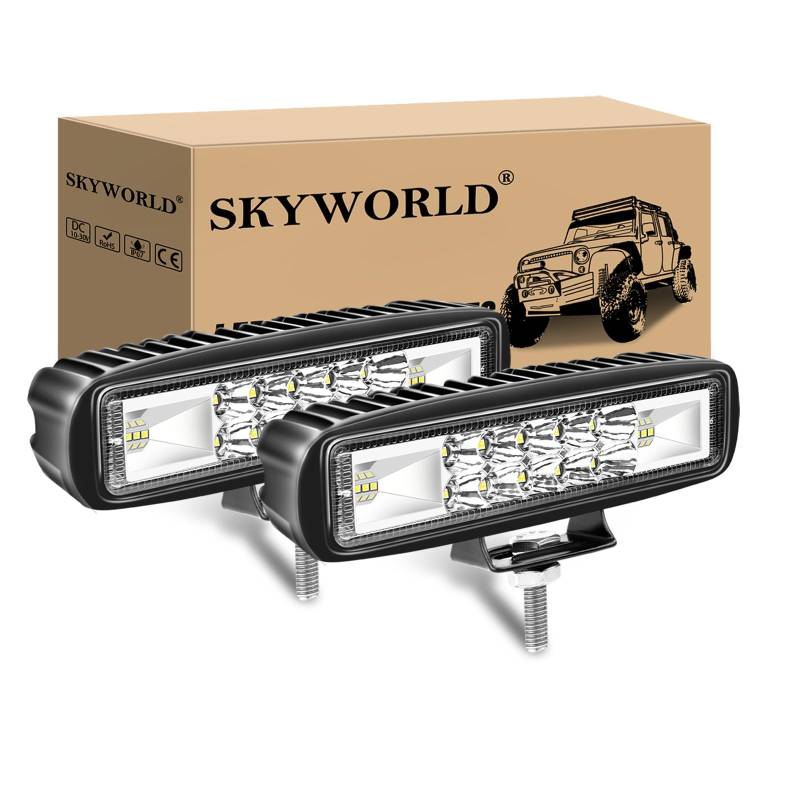 SKYWORLD LED Arbeitsscheinwerfer, 2PCS 6 Zoll 24W Zusatzscheinwerfer Offroad Scheinwerfer 12V 24V Rückfahrscheinwerfer für 4x4 Truck Traktor Bagger SUV UTV ATV LKW, 6000K Weiß LED Arbeitslicht von SKYWORLD