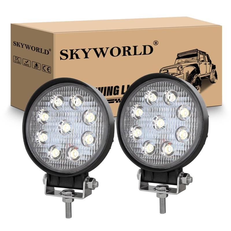 SKYWORLD LED Arbeitsscheinwerfer Auto, 4 Zoll 27W Runden Flutlicht Offroad Zusatzscheinwerfer 12V 24V 6000K IP67 Wasserdicht für 4x4 SUV Truck Traktor oder schweres Gerät von SKYWORLD