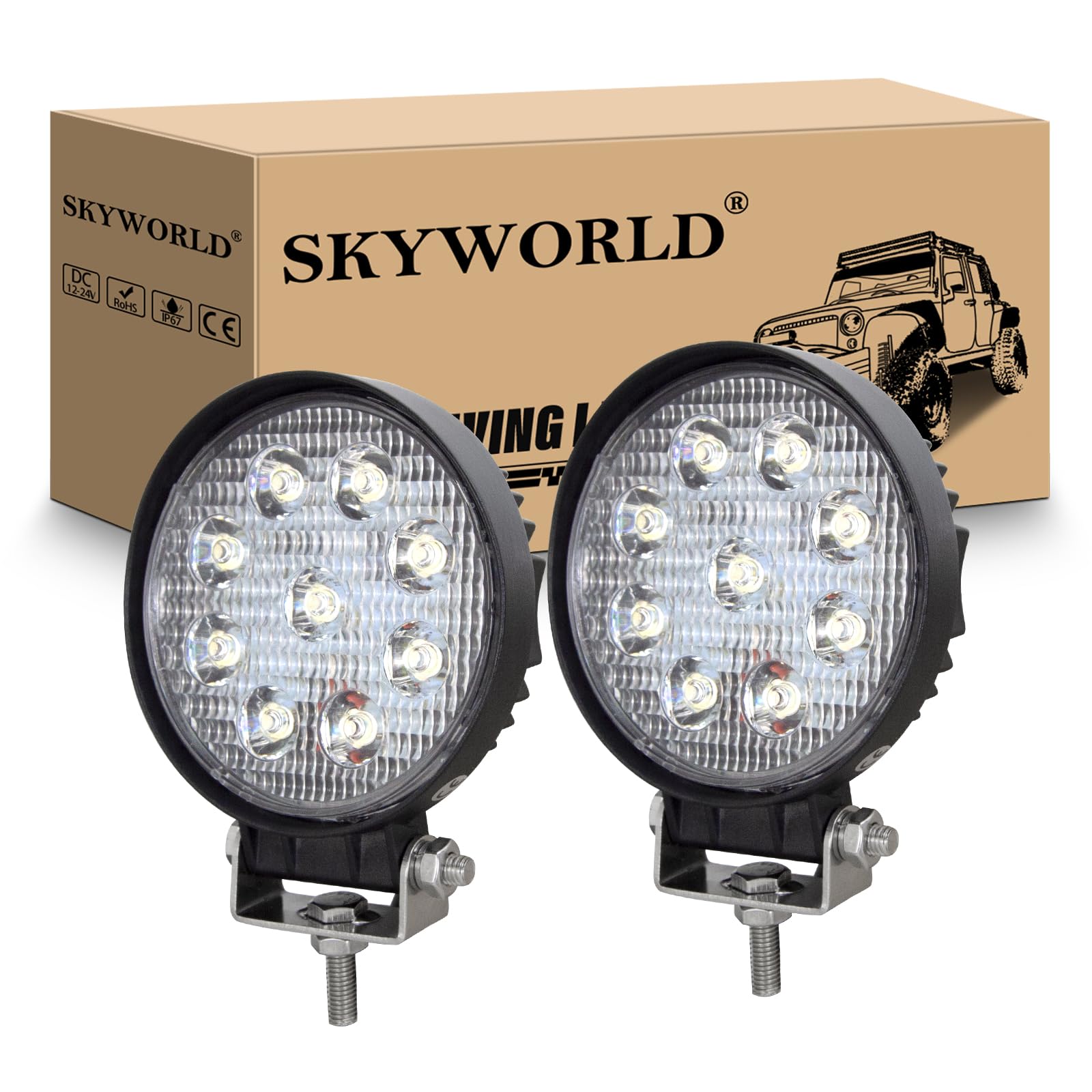 SKYWORLD LED Arbeitsscheinwerfer Auto, 4 Zoll 27W Runden Scheinwerfer Offroad Zusatzscheinwerfer 12V 24V 6000K IP67 Wasserdicht für 4x4 SUV Truck Traktor oder schweres Gerät von SKYWORLD