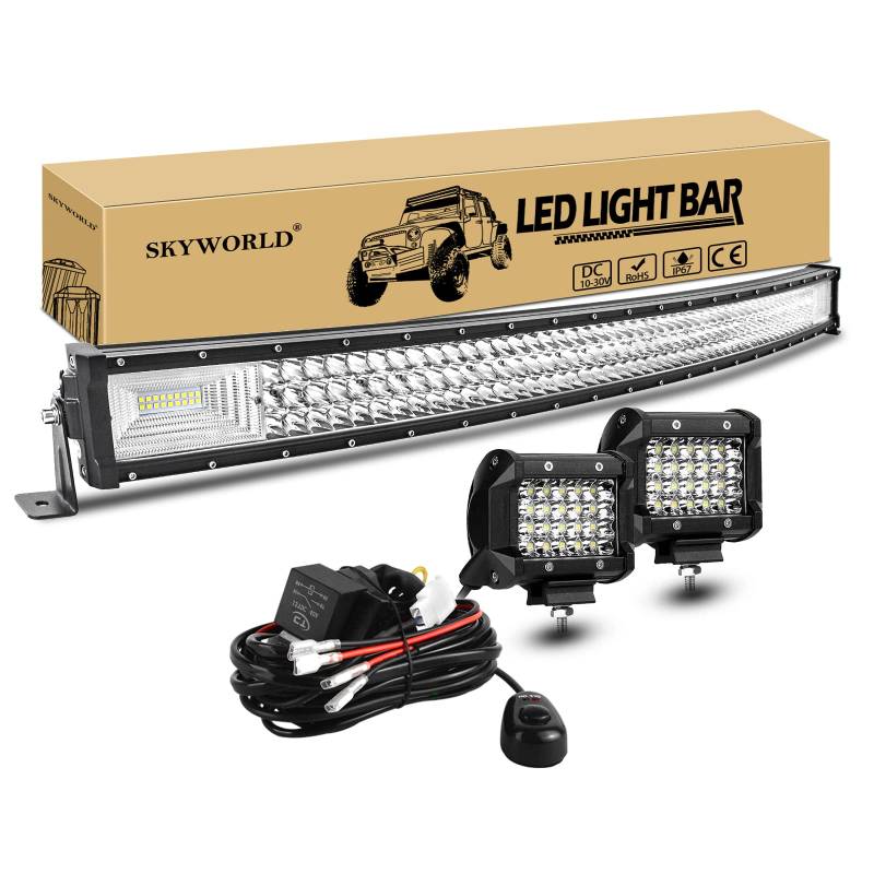 SKYWORLD LED Arbeitsscheinwerfer Bar, 107CM 540W Gebogen LED Offroad Scheinwerfer Arbeitslicht, 2 x 60W Zusatzscheinwerfer Beleuchtung mit 12V kabelbaum Auto Traktor SUV LKW KFZ 4x4 Nebelscheinwerfer von SKYWORLD