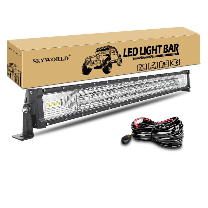 SKYWORLD LED Arbeitsscheinwerfer Bar, 32 Zoll 82 cm 405W dreireihige LED Lichtleiste Arbeitslichtpunkt Flutstrahl mit Kabelbaum-Kit für LKW Traktor 4x4 4WD ATV UTV SUV Boot Off Road Auto 12V 24V von SKYWORLD