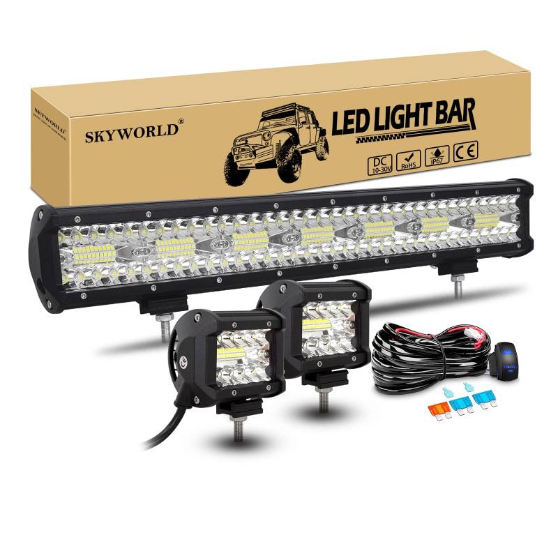 SKYWORLD LED Arbeitsscheinwerfer Bar, 50.8cm 420W Spot Flutlicht Zusatzscheinwerfer 12V 24V + 2 x 10cm 60W Offroad Scheinwerfer Arbeitslicht mit Kabelbaum Wippschalter für Traktor LKW Auto ATV SUV 4x4 von SKYWORLD