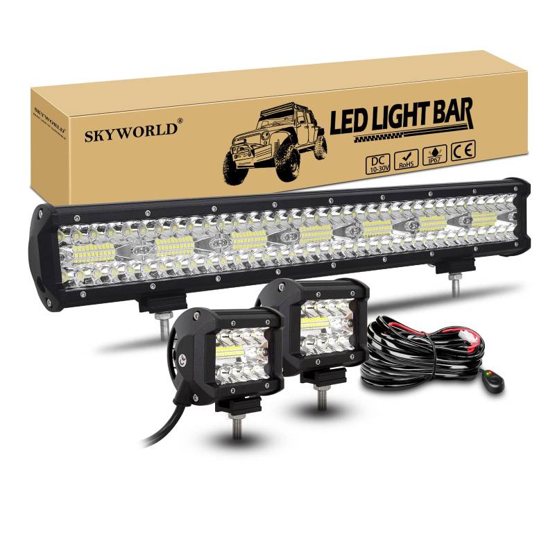 SKYWORLD LED Arbeitsscheinwerfer Bar, 50.8cm 420W Spot Flutlicht Zusatzscheinwerfer 12V 24V + 2 x 10cm 60W Offroad Scheinwerfer Arbeitslicht mit Kabelbaum für Traktor LKW Auto ATV SUV 4x4 von SKYWORLD