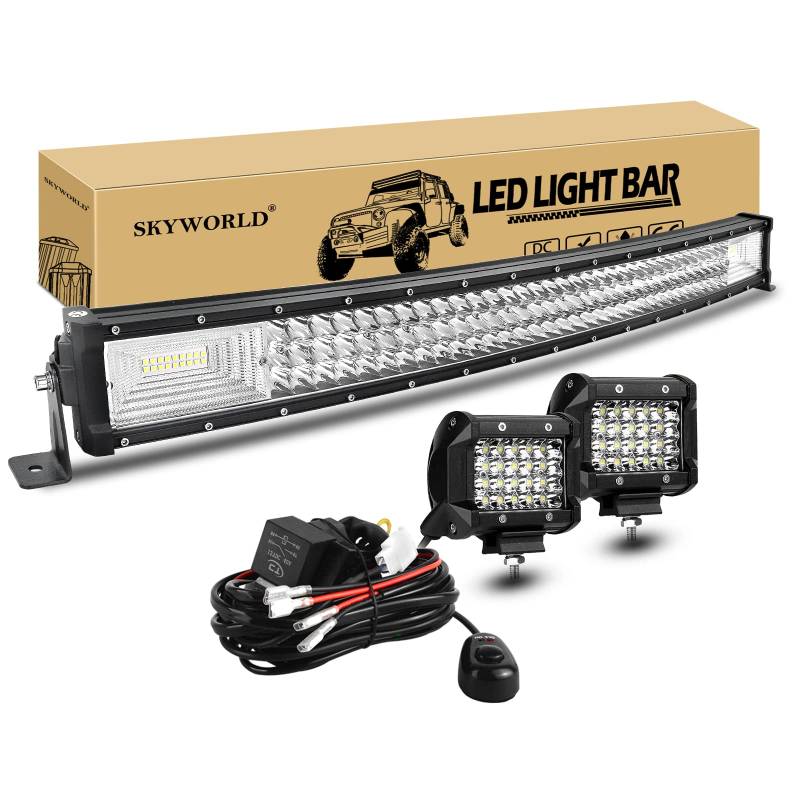 SKYWORLD LED Arbeitsscheinwerfer Bar, 81CM 405W Gebogen LED Offroad Scheinwerfer Arbeitslicht, 2 x 60W Zusatzscheinwerfer Beleuchtung mit 12V kabelbaum Auto Traktor SUV LKW KFZ 4x4 Nebelscheinwerfer von SKYWORLD