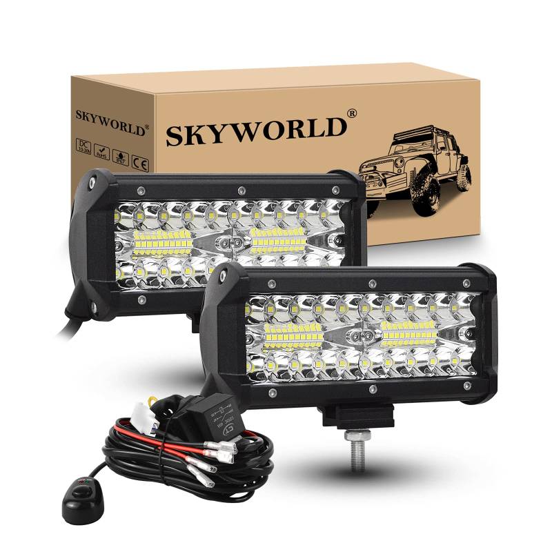 SKYWORLD LED Arbeitsscheinwerfer Bar 2 X 17.8cm 120W LED Scheinwerfer 12V 24V Arbeitslicht Zusatzscheinwerfer mit Kabelbaum für Auto Offroad Traktor PKW LKW SUV UTV ATV von SKYWORLD