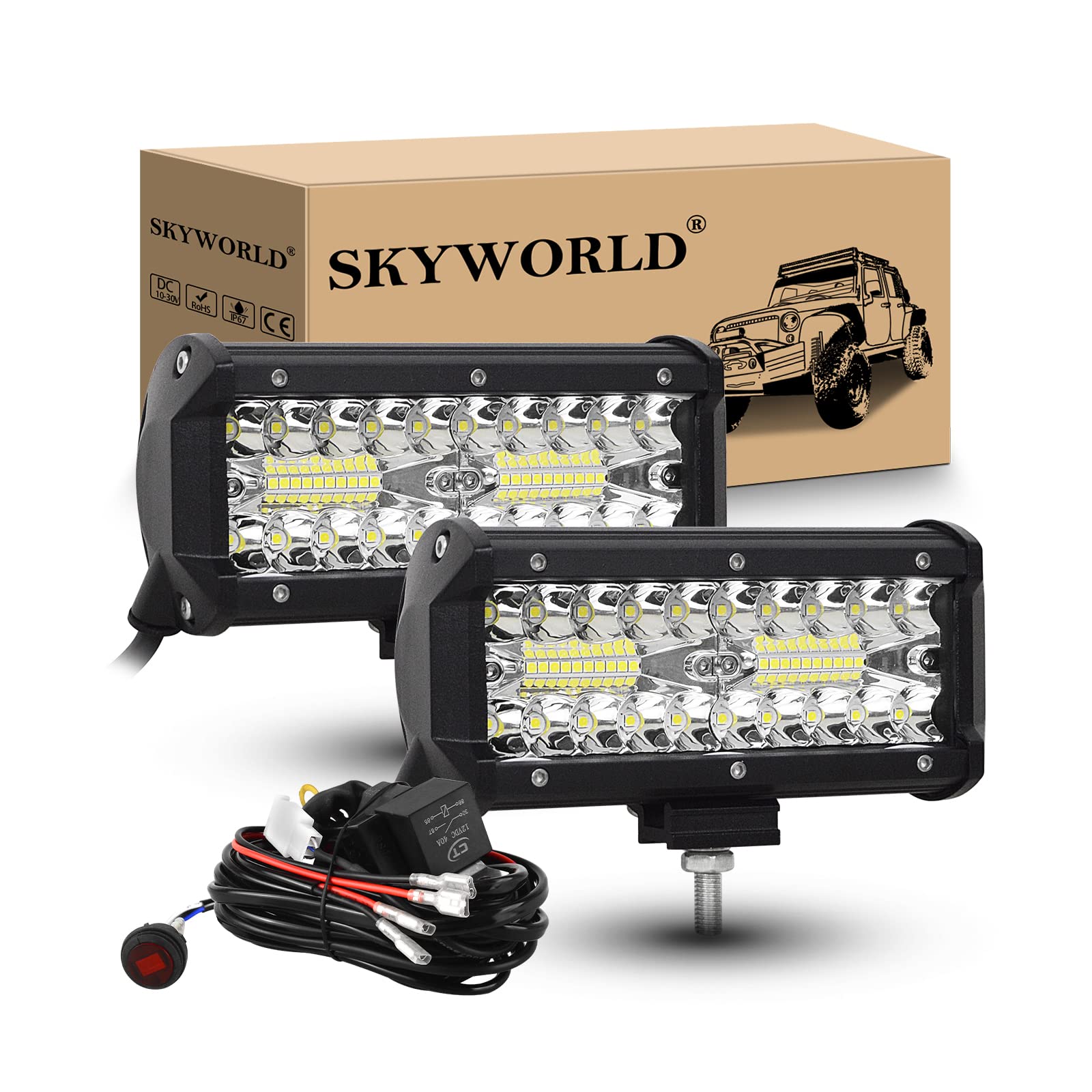 SKYWORLD LED Arbeitsscheinwerfer Bar 2 X 17.8cm 120W LED Scheinwerfer 12V 24V Arbeitslicht Zusatzscheinwerfer mit Kippschalter Kabelbaum für Auto Offroad Traktor PKW LKW SUV UTV ATV von SKYWORLD