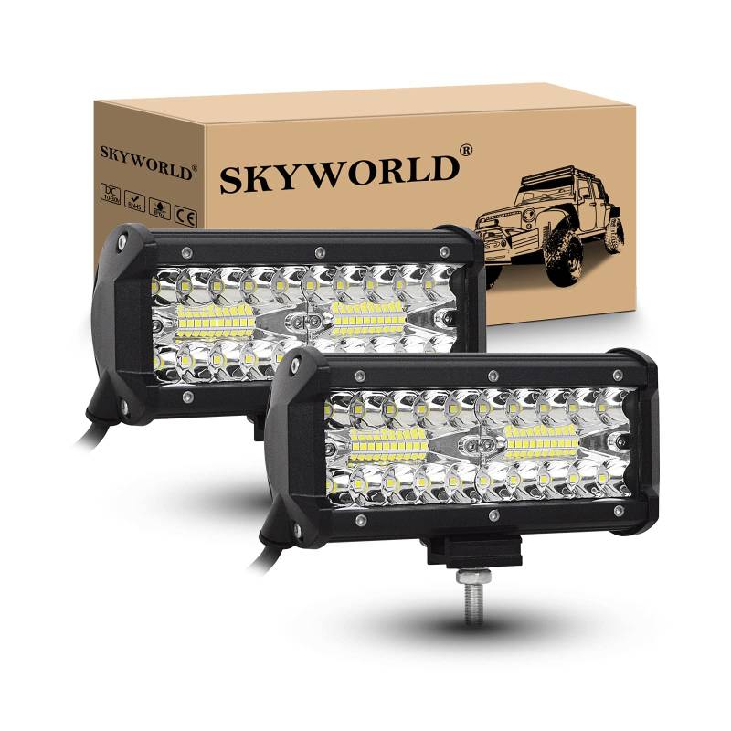 SKYWORLD LED Arbeitsscheinwerfer Bar 2 X 7 Zoll 120W LED Scheinwerfer 12V 24V Flutlicht Reflektor Combo Arbeitslicht Zusatzscheinwerfer für Auto Offroad Traktor Bagger PKW LKW KFZ SUV UTV ATV von SKYWORLD