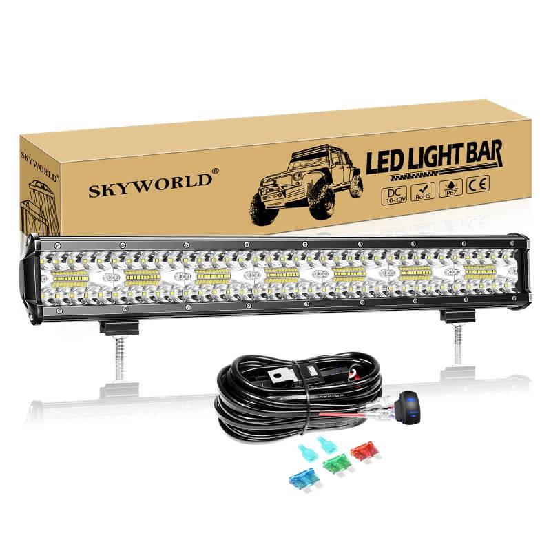 SKYWORLD LED Arbeitsscheinwerfer Bar 20 Zoll 420W weiß LED Scheinwerfer Arbeitslicht Zusatzscheinwerfer mit 12V Rocker Kabelbaum für Auto Offroad Traktor PKW LKW SUV UTV ATV von SKYWORLD