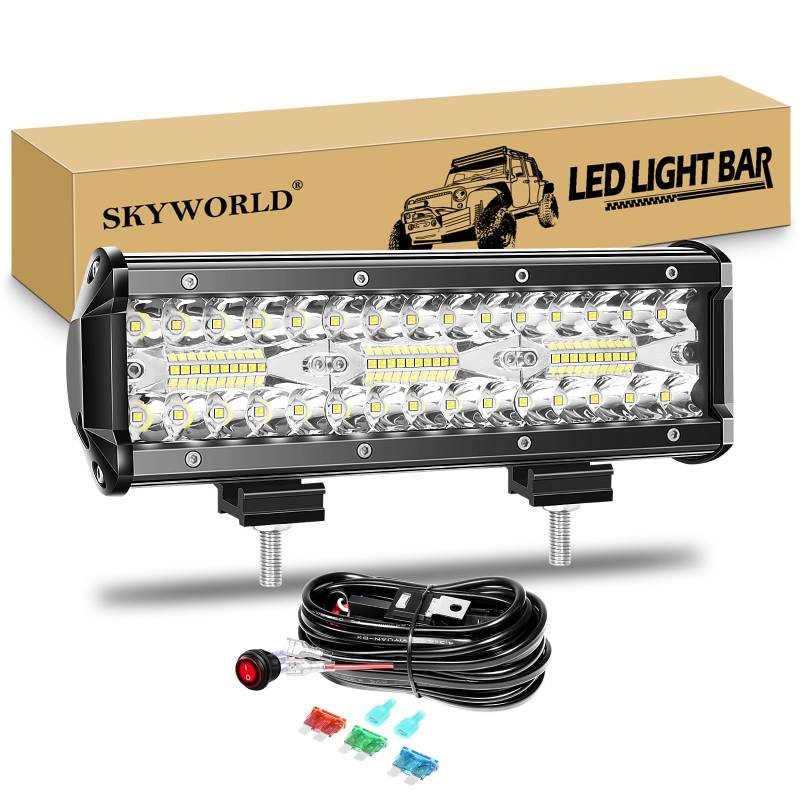 SKYWORLD LED Arbeitsscheinwerfer Bar 22.8cm 180W LED Scheinwerfer 12V 24V Arbeitslicht Zusatzscheinwerfer mit Kippschalter Kabelbaum für Auto Offroad Traktor PKW LKW SUV UTV ATV von SKYWORLD