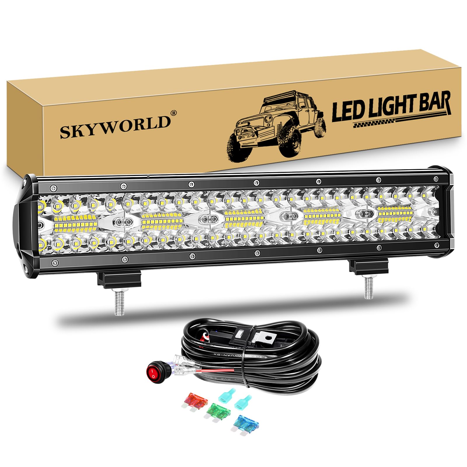 SKYWORLD LED Arbeitsscheinwerfer Bar 37.6cm 300W LED Scheinwerfer 12V 24V Arbeitslicht Zusatzscheinwerfer mit Kippschalter Kabelbaum für Auto Offroad Traktor PKW LKW SUV UTV ATV von SKYWORLD