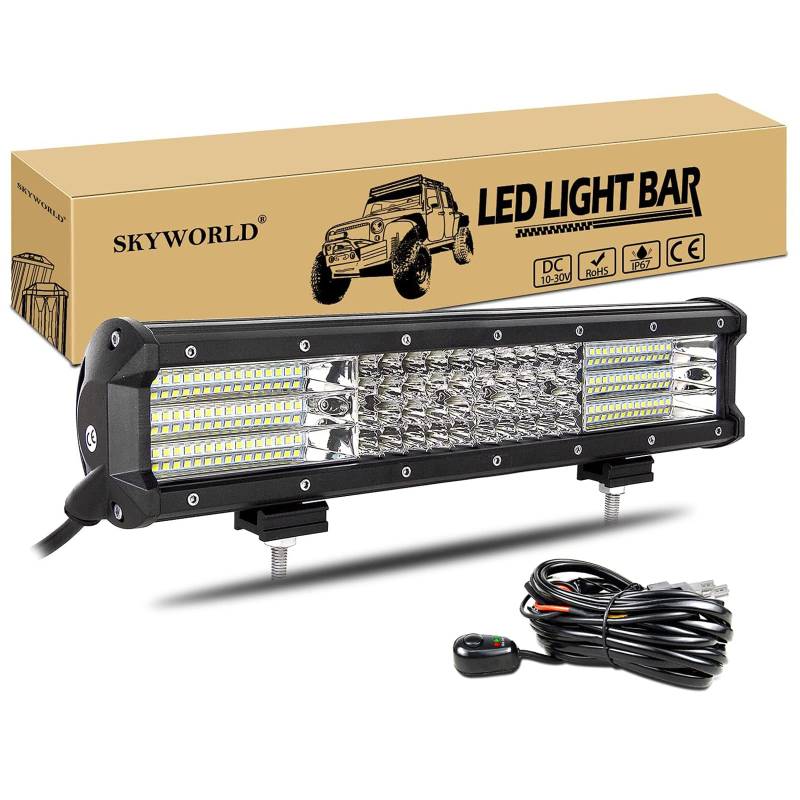 SKYWORLD Led Arbeitsscheinwerfer Bar mit 12V kabelbaum, 15 Zoll 38cm 390W Zusatzscheinwerfer LED Scheinwerfer Auto LED Arbeit Licht Bar Wasserdicht Lightbar für 4x4 Offroad SUV UTV ATV KFZ Traktor von SKYWORLD