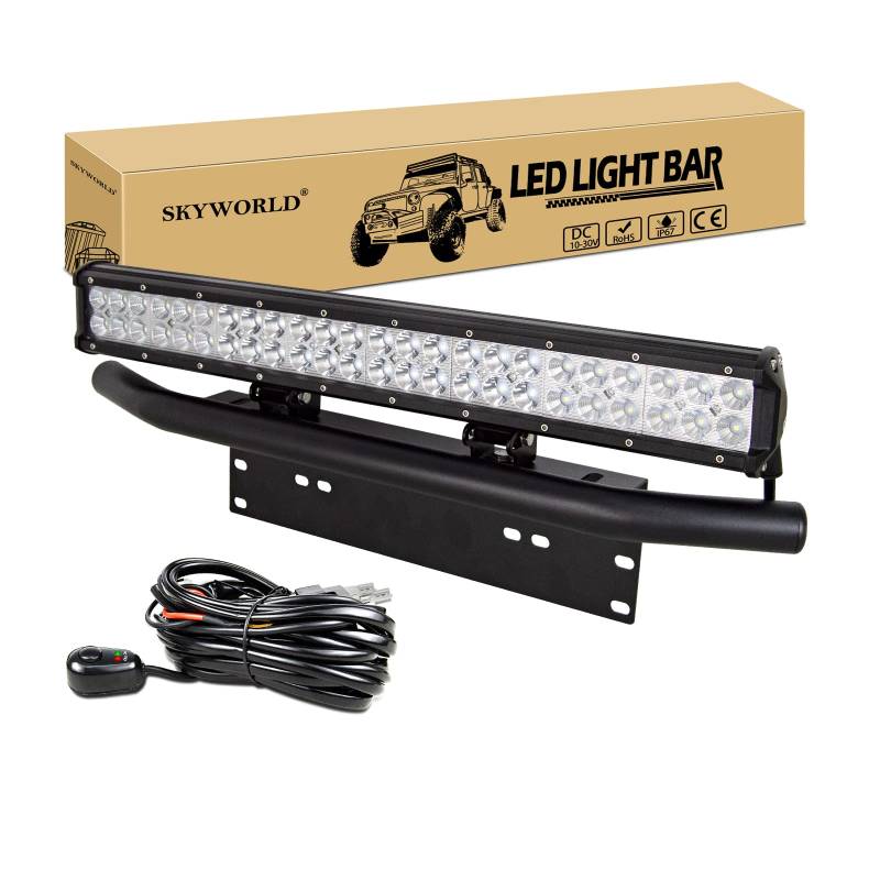 SKYWORLD LED-Lichtleiste, 23 Zoll 144W Spot-Flood-Kombistrahl-Arbeitsscheinwerfer 12V 24V mit schwarzer Kennzeichenhalterung Kabelbaum-Kit für LKW PKW ATV SUV 4X4 Auto von SKYWORLD