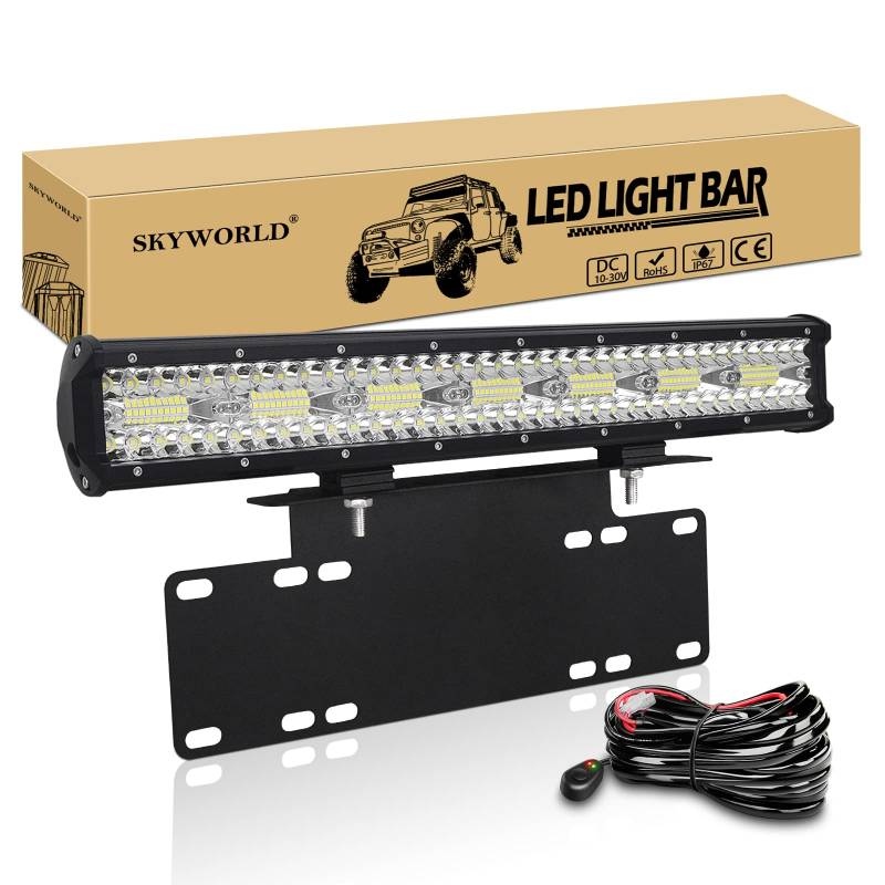 SKYWORLD 20 Zoll 420W Led Arbeitsscheinwerfer Bar mit 12V kabelbaum kit, light bar Kennzeichenhalter Front Stoßstange Bull Bar, LED Zusatzscheinwerfer Bar für 4x4 Auto Offroad Truck Traktor LKW KFZ von SKYWORLD