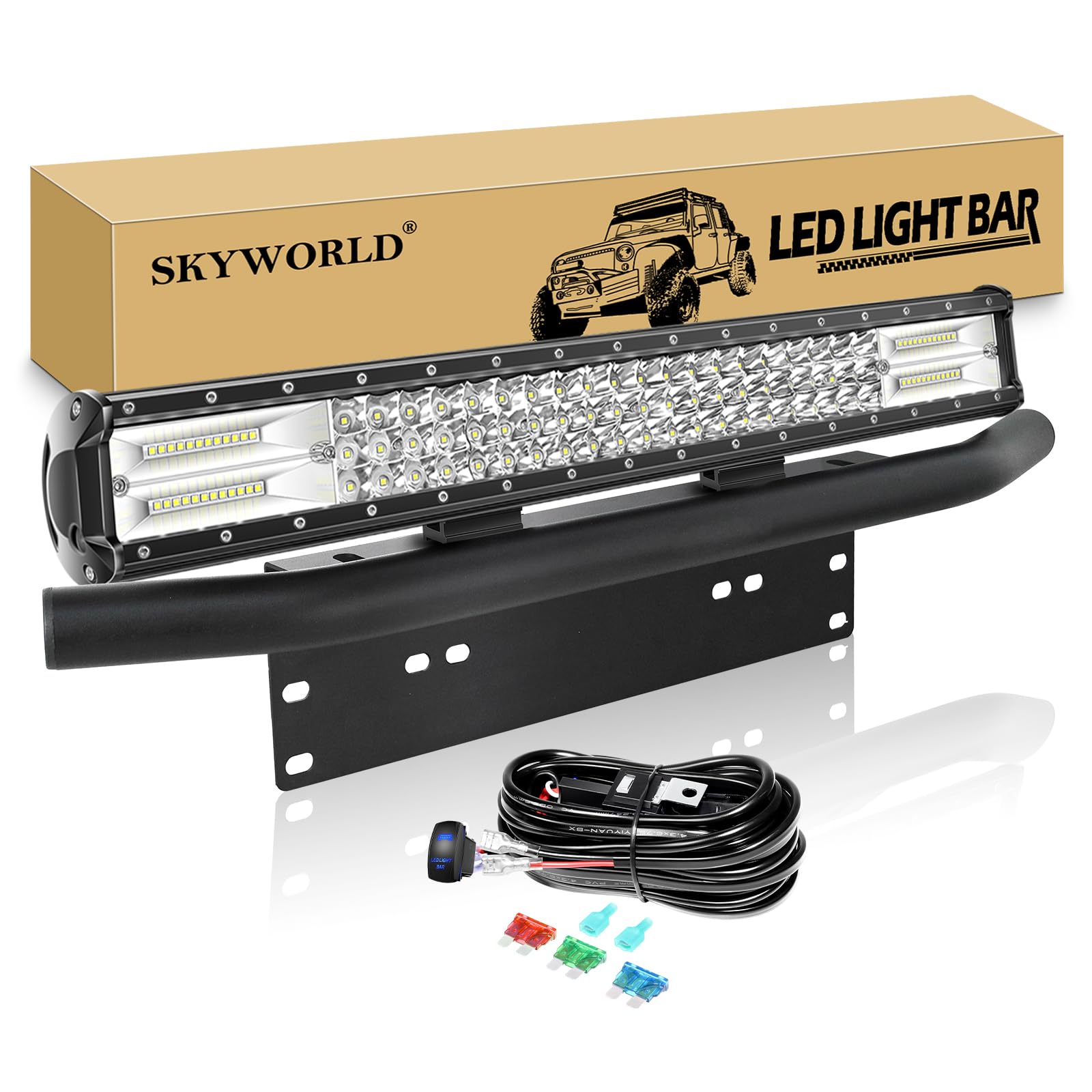 SKYWORLD LED-Lichtleiste, 59 cm 324W Spot-Flut-Kombistrahl, Arbeitslampe mit schwarzer Kennzeichenhalterung, 12 V Kabelbaum-Set Wippschalter für LKW Auto ATV SUV 4X4 von SKYWORLD