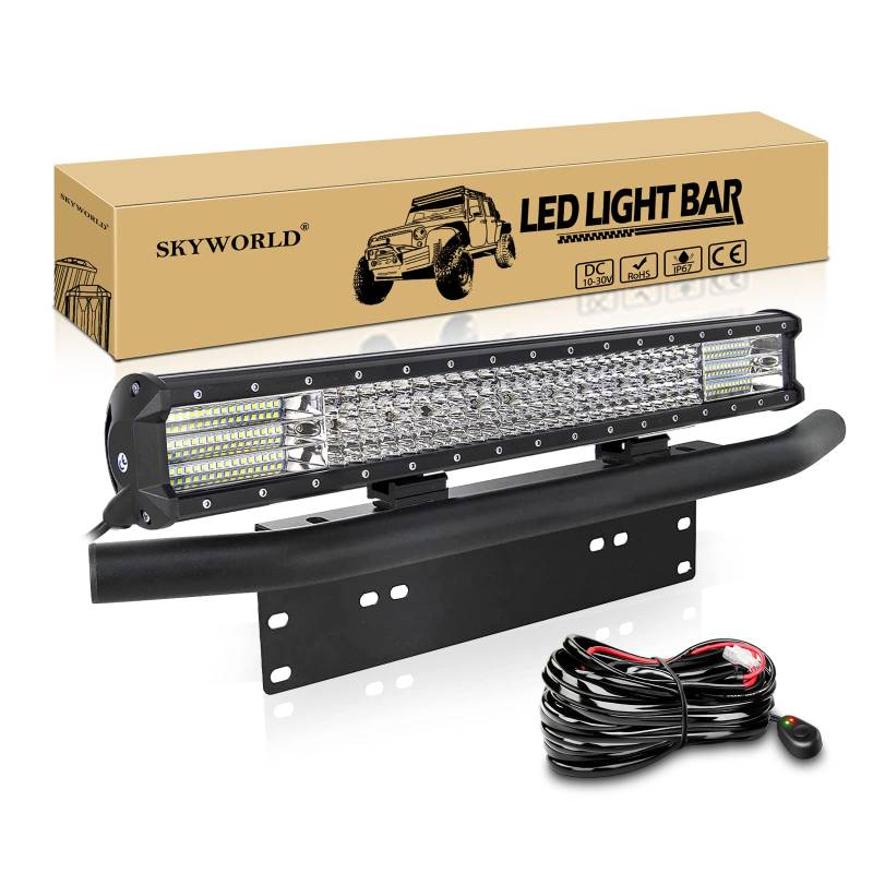 SKYWORLD LED-Lichtleiste, 59 cm 570W Spot-Flood-Kombistrahl-Arbeitsscheinwerfer 12V 24V mit schwarzer Kennzeichenhalterung Kabelbaum-Kit für LKW PKW ATV SUV 4X4 Auto von SKYWORLD