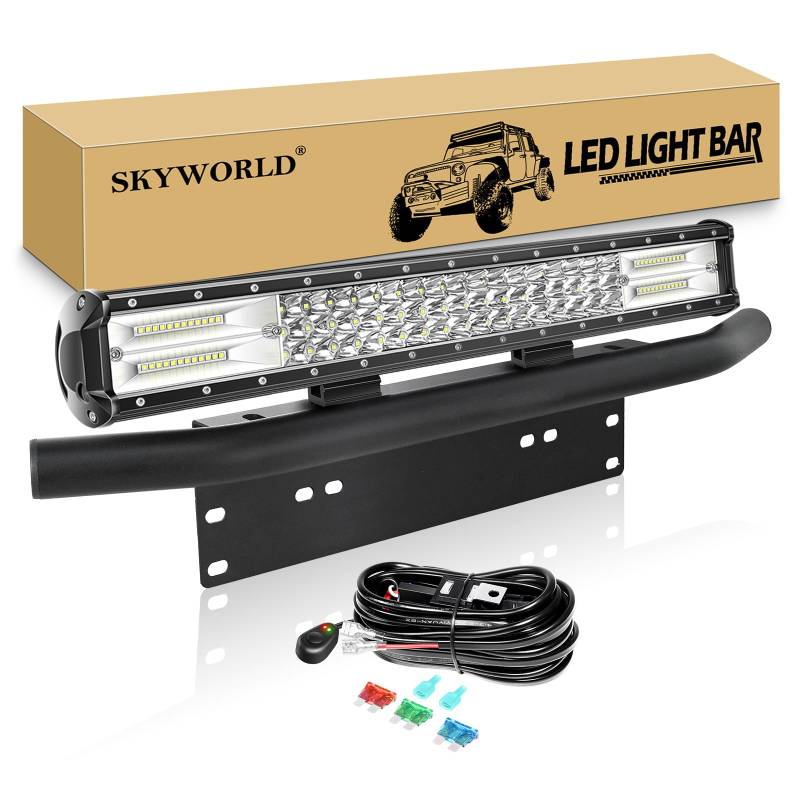 SKYWORLD LED-Lichtleiste KFZ, 51cm 288W LED Arbeitsscheinwerfer Bar mit 12V mit Kabelbaum und Aluminium Kennzeichenhalterung Nummernschildhalter für 4x4 Auto Offroad LKW PKW ATV SUV von SKYWORLD