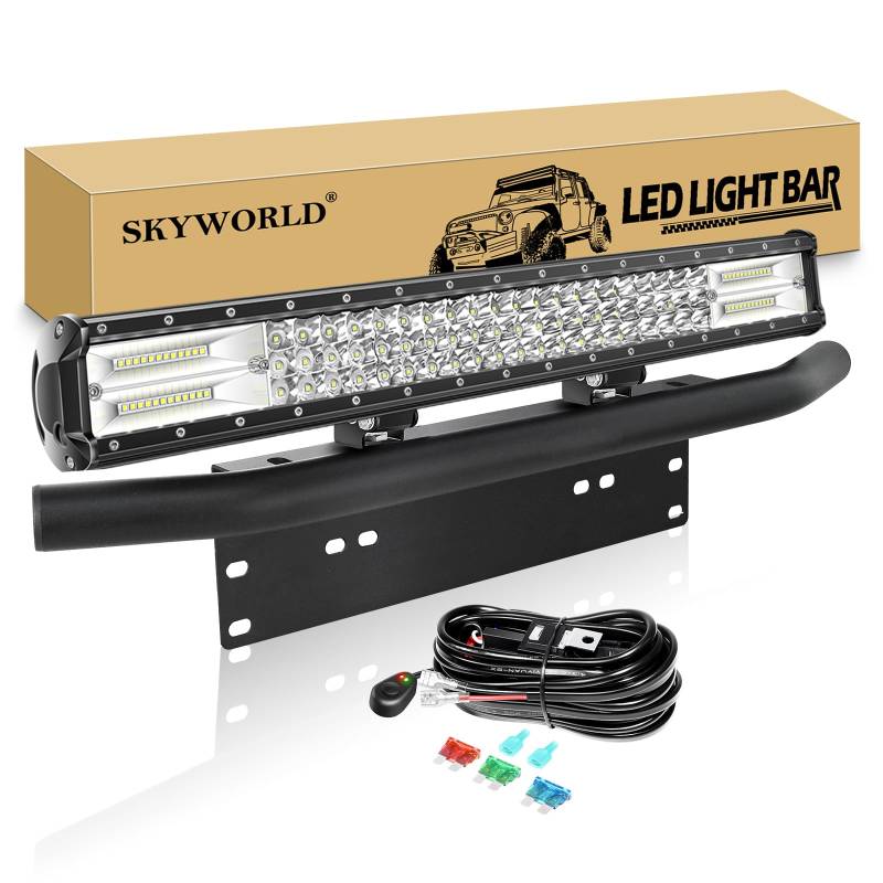 SKYWORLD LED-Lichtleiste, 7D 23" 324W Spot-Flood-Kombistrahl-Arbeitsscheinwerfer mit Montagehalterung mit schwarzer Kennzeichenhalterung Kabelbaum-Kit für LKW PKW ATV SUV 4X4 Auto von SKYWORLD