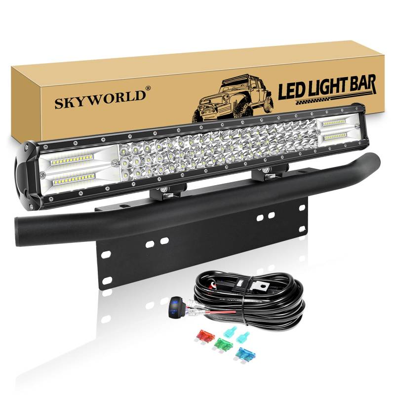 SKYWORLD Led Arbeitsscheinwerfer Bar, 59 cm 324W Led lichtleiste mit KFZ Kennzeichenhalterung bull bar und 12V Rocker Kabelbaum für 4x4 Auto Offroad Truck LKW PKW ATV SUV lightbar von SKYWORLD