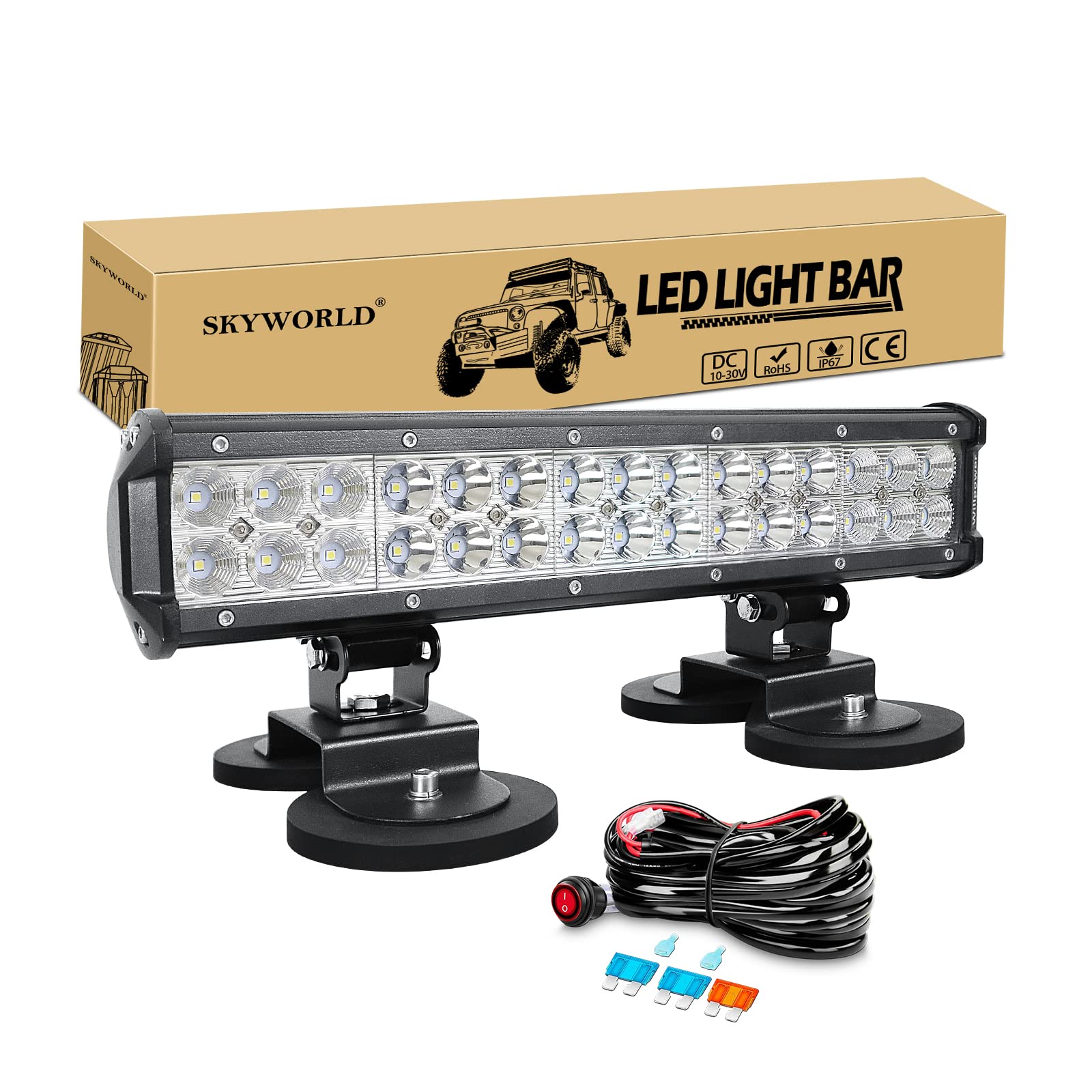 SKYWORLD LED Scheinwerfer Offroad 38cm 90W LED Arbeitsscheinwerfer mit 12V Kabelbaum, Starke Magnet halterungen für SUV ATV UTE Traktor LKW PKW 4x4 Auto Fahrzeuge, 6000K Weiß Arbeitslicht von SKYWORLD